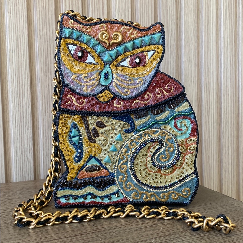 Vintage Mary Frances Cat Box Purse Crossbody Chain Strap Beaded Whimsical 8”x 6”